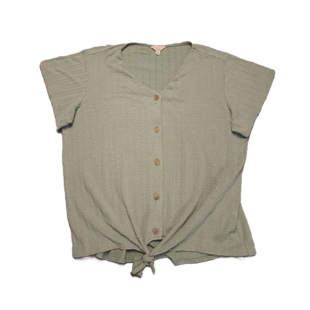 Weatherproof Vintage Womens XL Top Button Down Tie Front Green Blouse